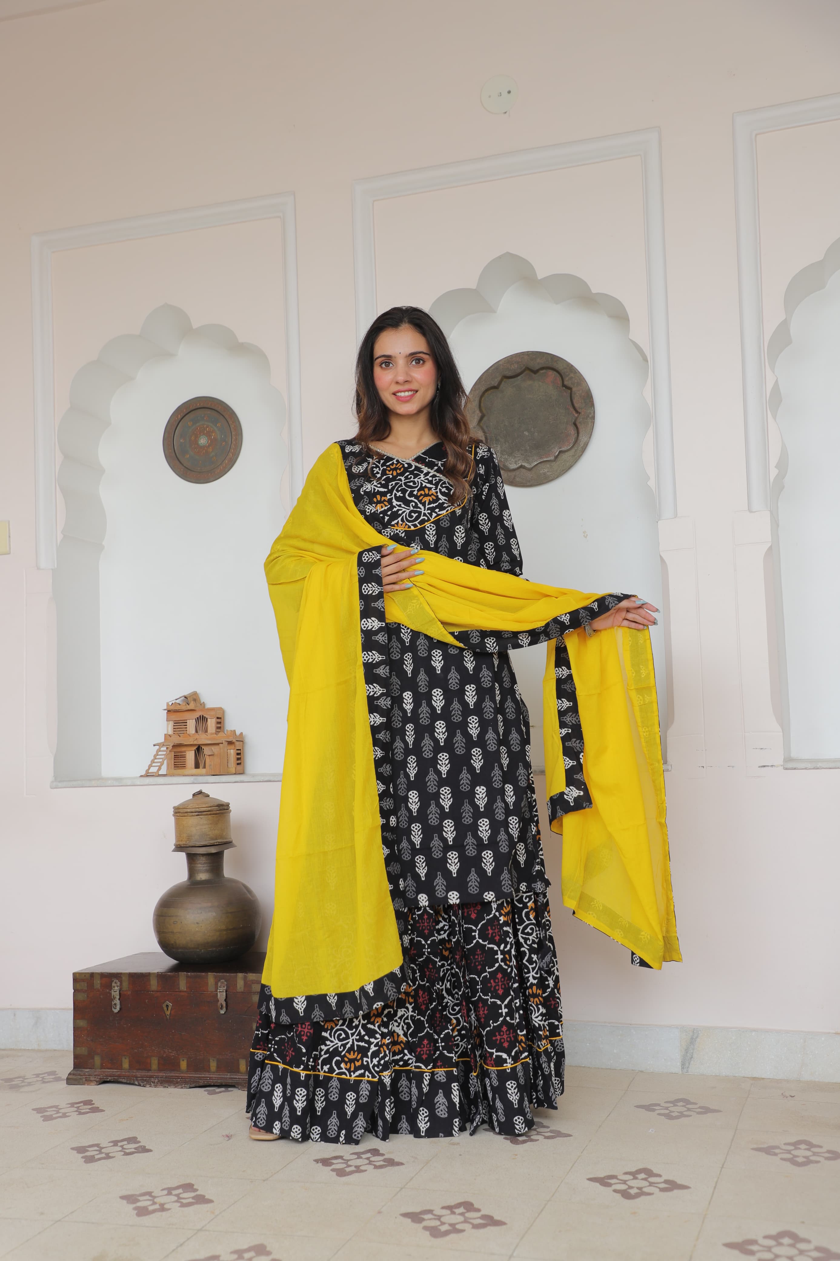 Black & Yellow Cotton Kaftan – Handblock Polka with Dupatta Style