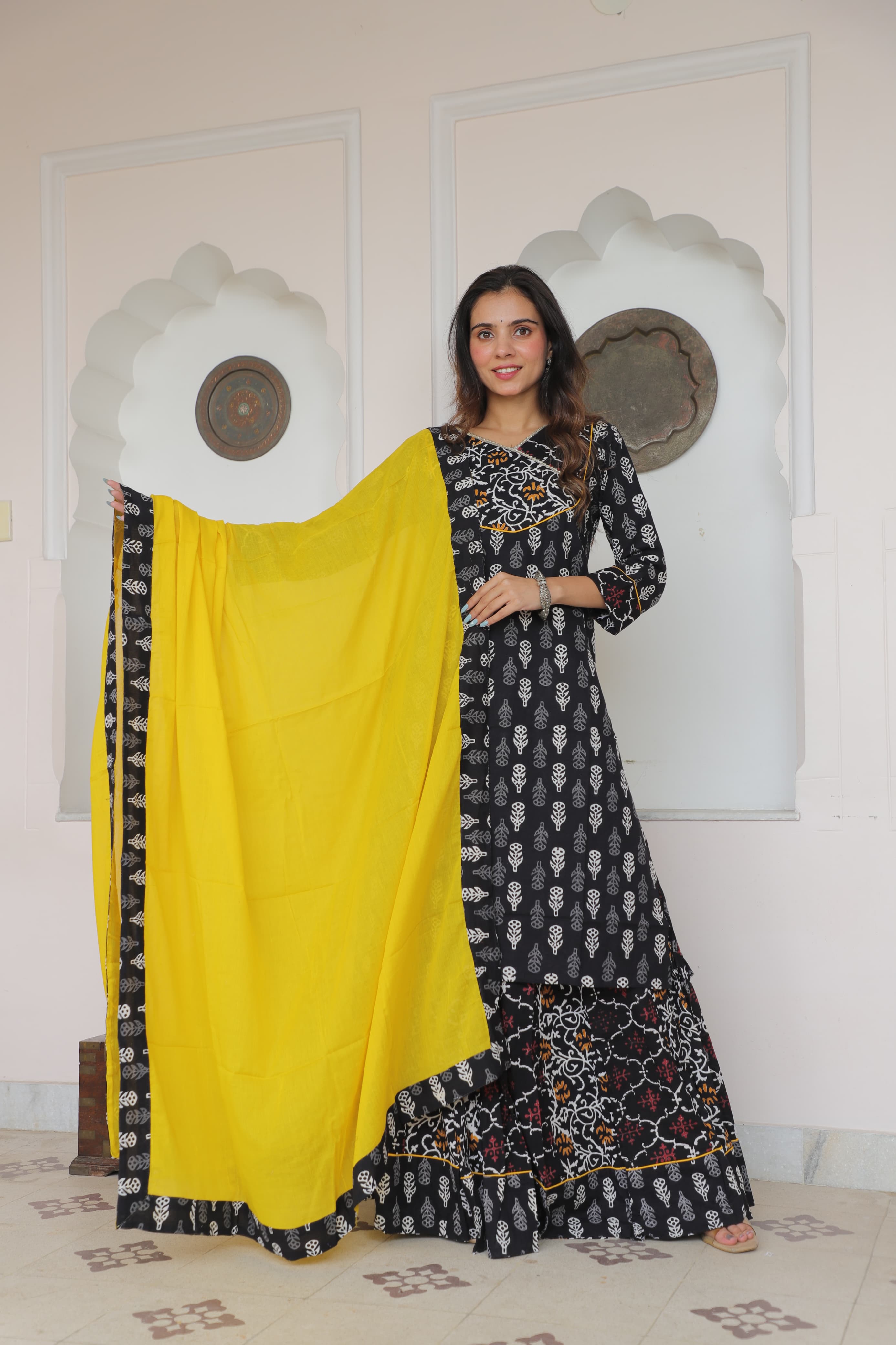 Black & Yellow Cotton Kaftan – Handblock Polka with Dupatta Style