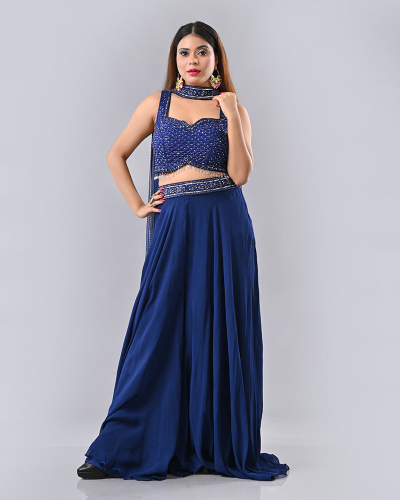 Navy Blue Tassel Embroidered Lehenga