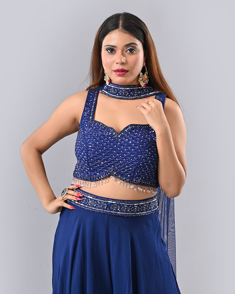 Navy Blue Tassel Embroidered Lehenga