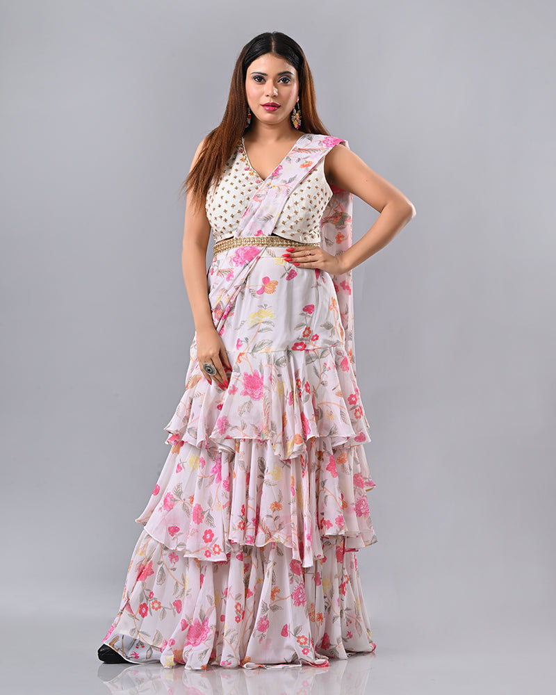 Off White Pink Pearl Drape Saree