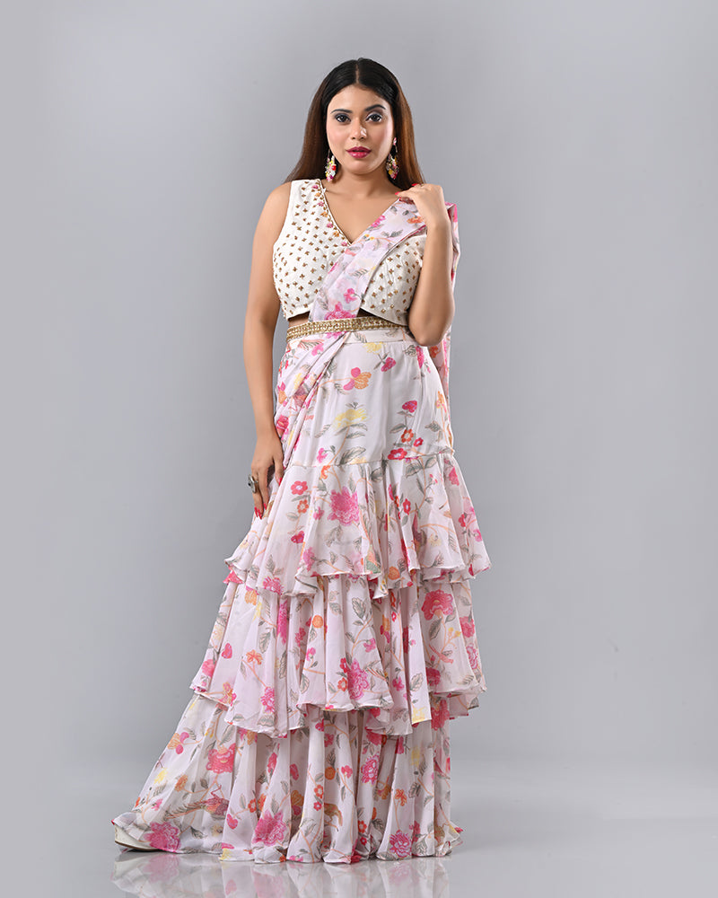 Off White Pink Pearl Drape Saree