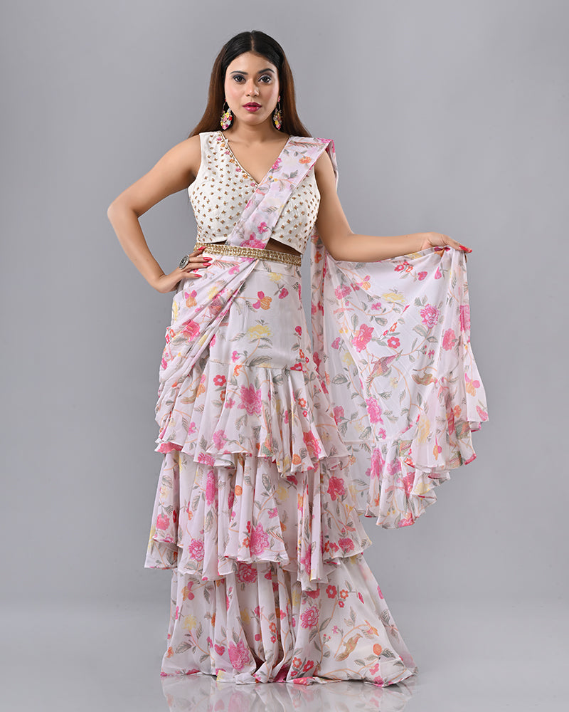 Off White Pink Pearl Drape Saree