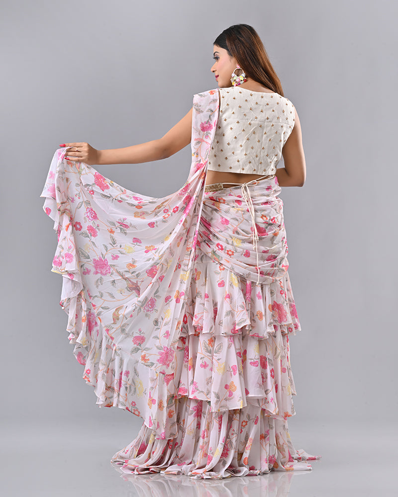 Off White Pink Pearl Drape Saree