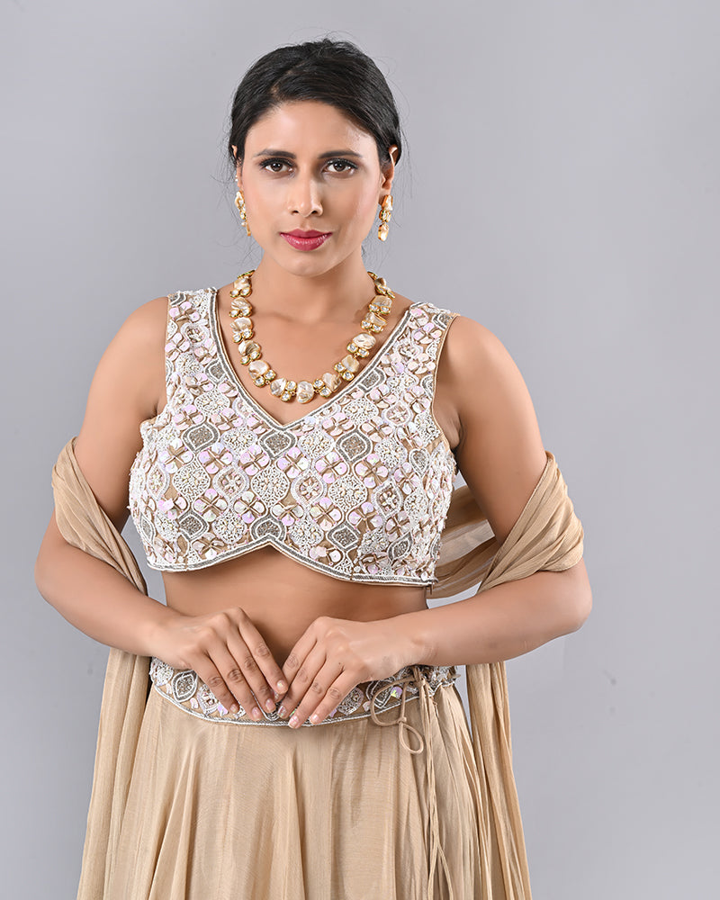 Beige Shell Embroidered Lehenga