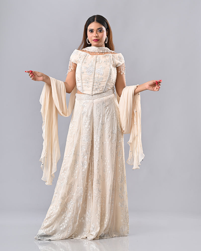 Cream Tassel Embroidered Sharara