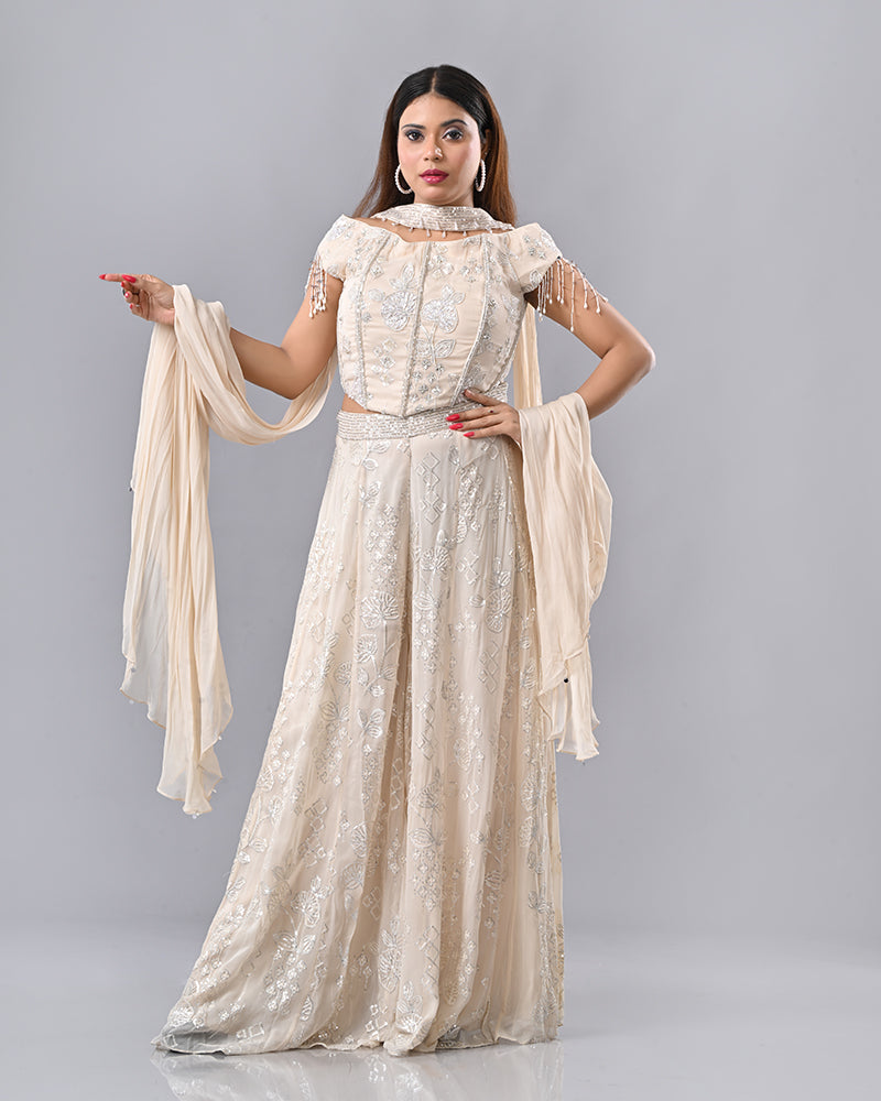 Cream Tassel Embroidered Sharara
