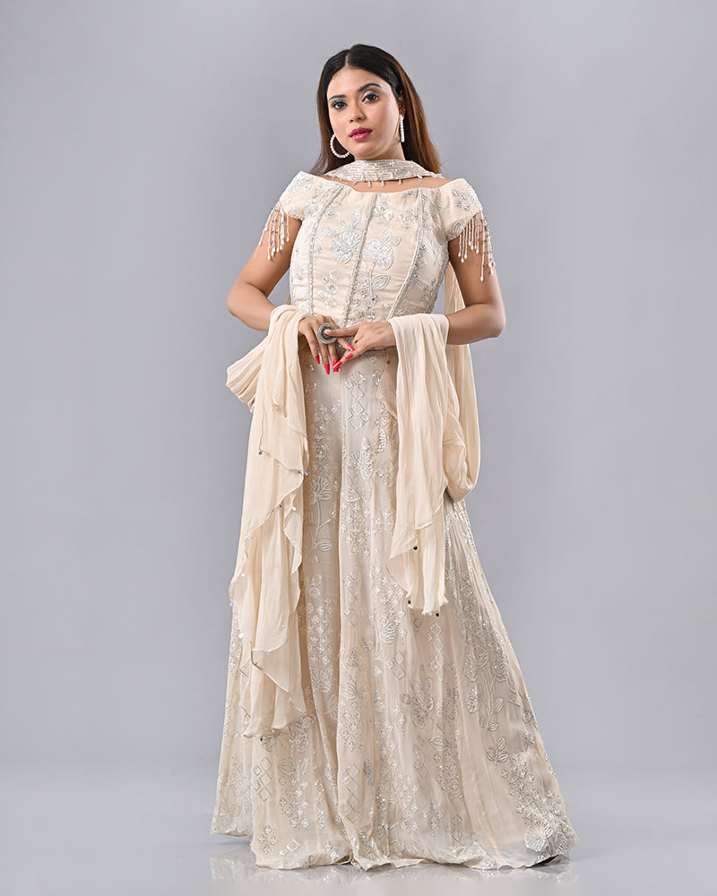 Cream Tassel Embroidered Sharara