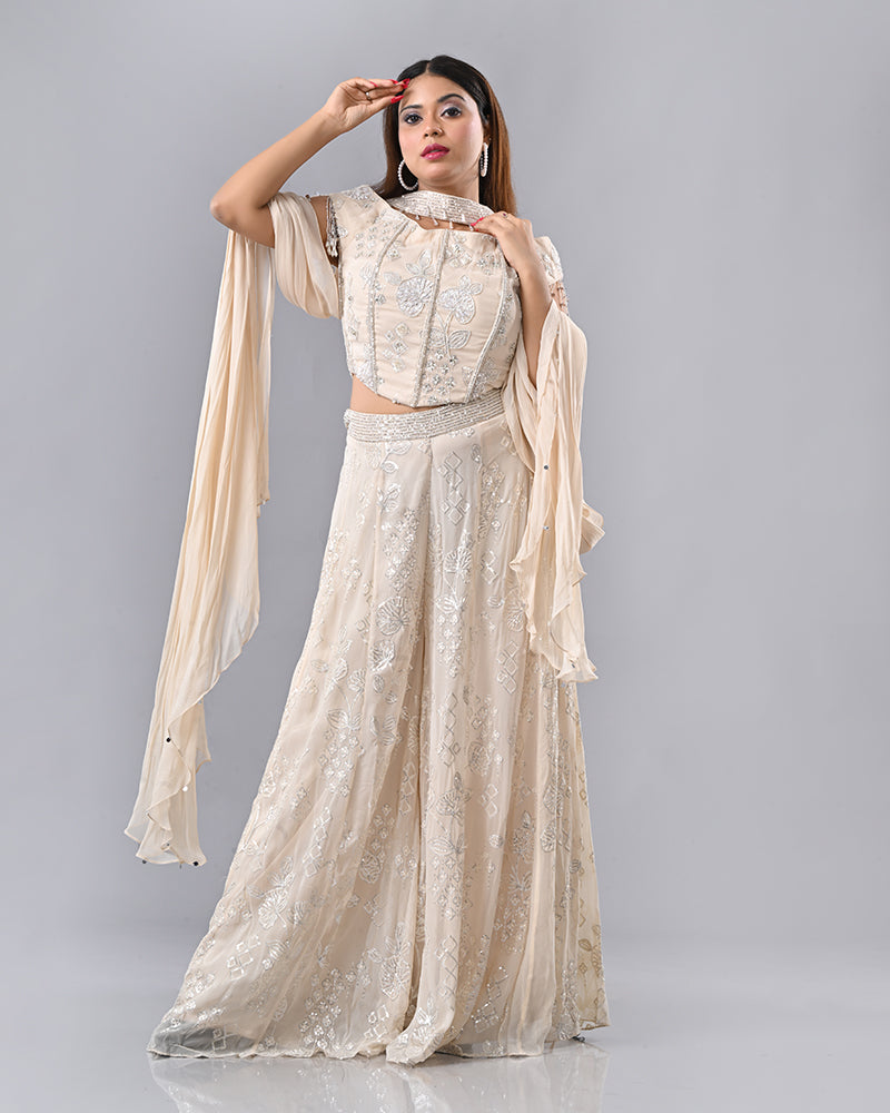 Cream Tassel Embroidered Sharara