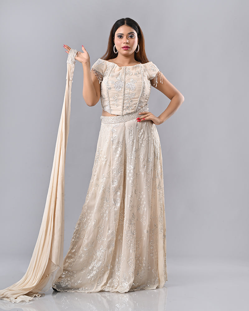 Cream Tassel Embroidered Sharara