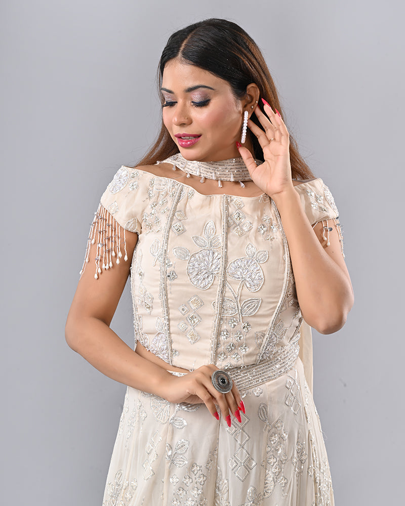 Cream Tassel Embroidered Sharara