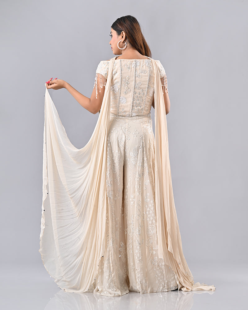 Cream Tassel Embroidered Sharara