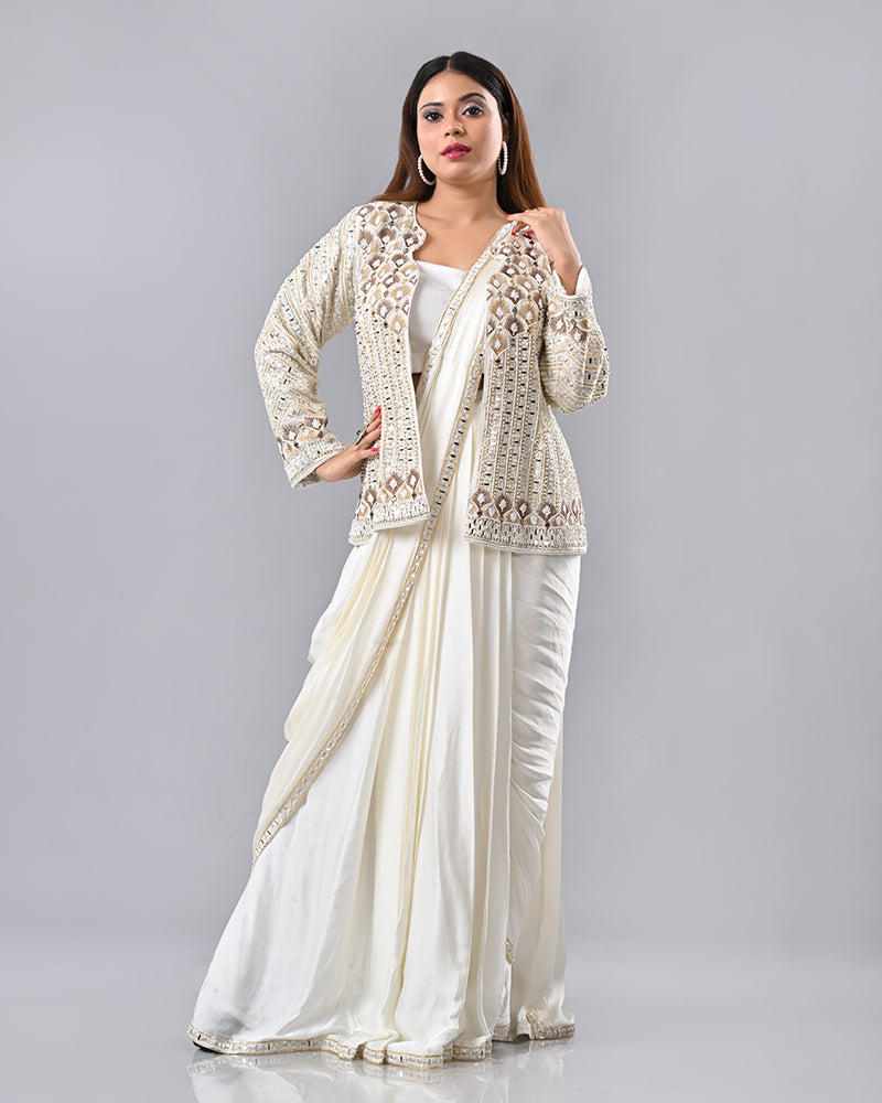 Off White Mirror Elegance Drape Saree
