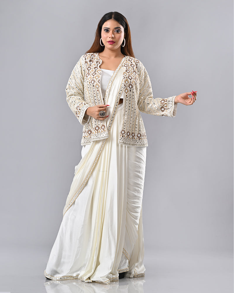 Off White Mirror Elegance Drape Saree