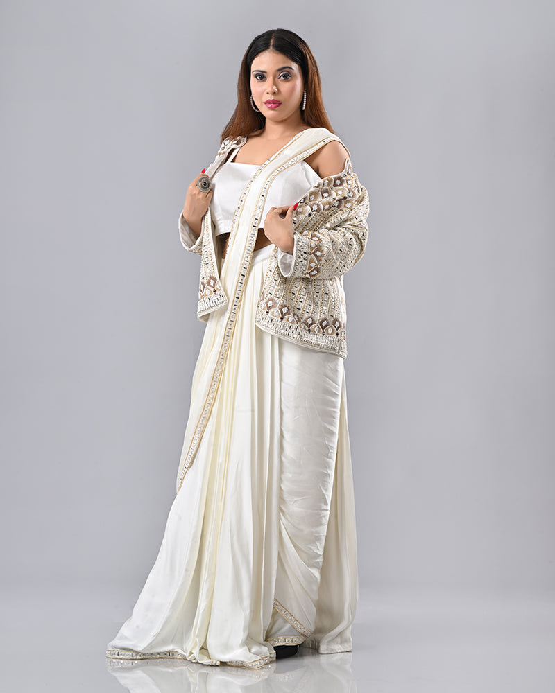Off White Mirror Elegance Drape Saree