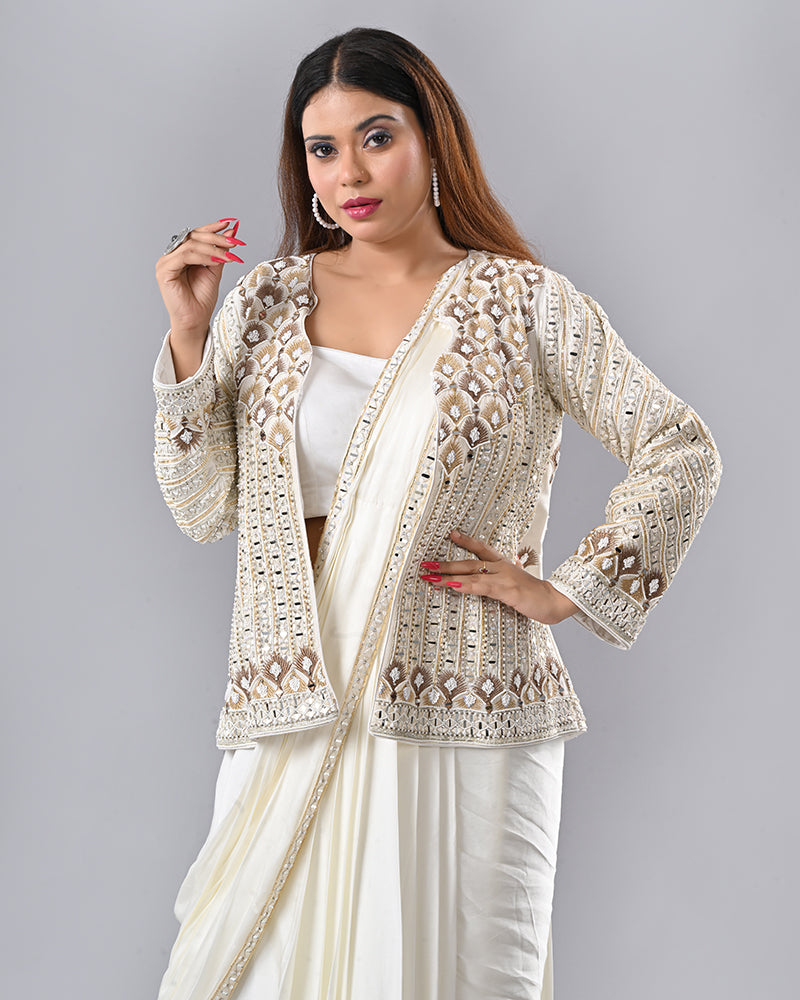 Off White Mirror Elegance Drape Saree