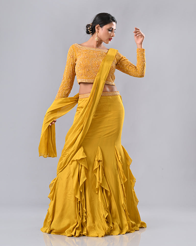 Mustard Regal Embroidered Drape Saree