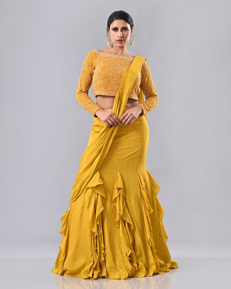 Mustard Regal Embroidered Drape Saree