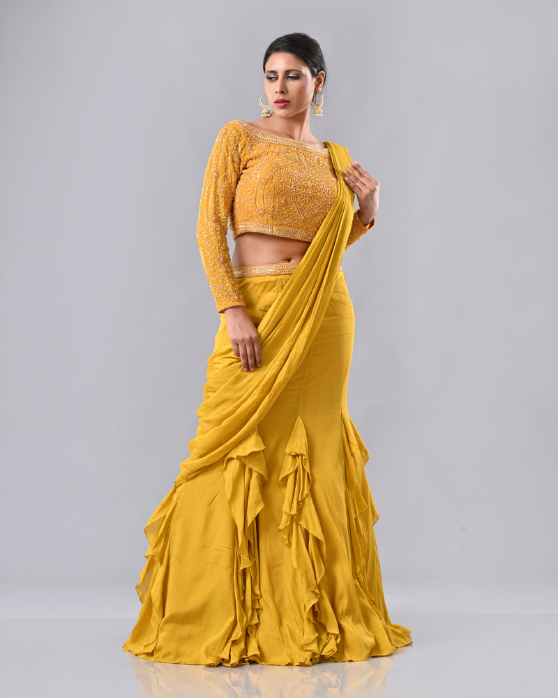 Mustard Regal Embroidered Drape Saree