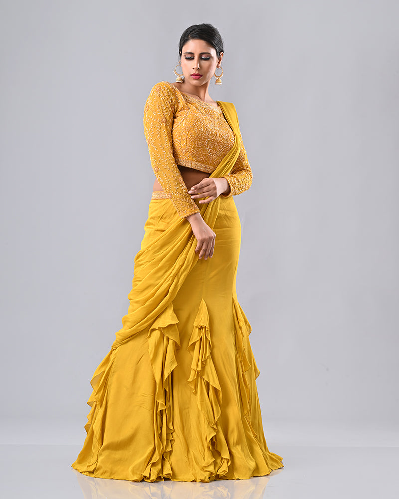 Mustard Regal Embroidered Drape Saree