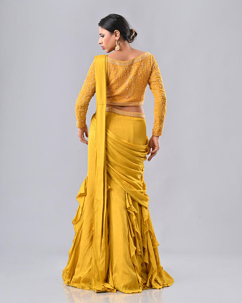Mustard Regal Embroidered Drape Saree