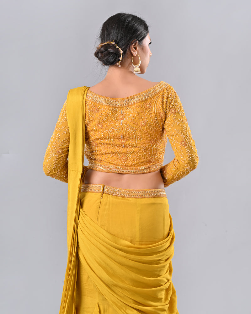 Mustard Regal Embroidered Drape Saree