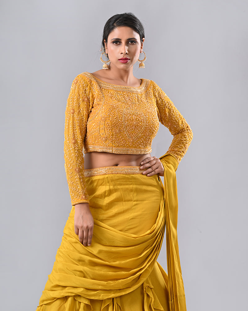 Mustard Regal Embroidered Drape Saree