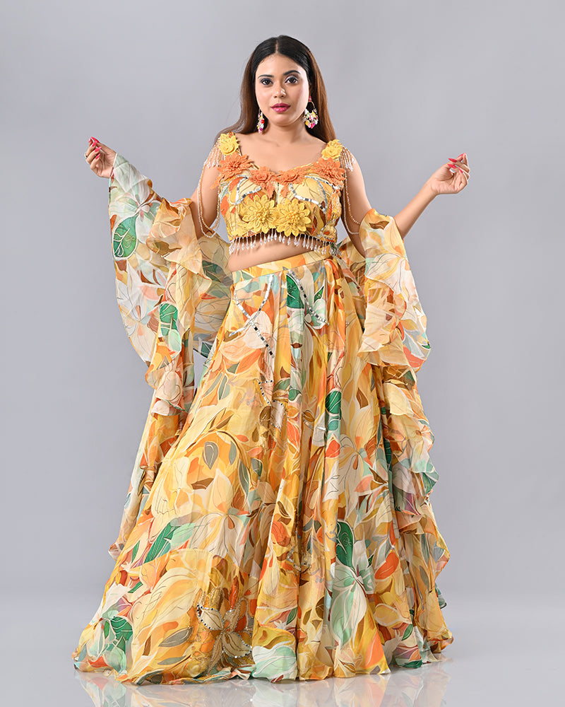 Multi-Colour Floral Embroidered Lehenga