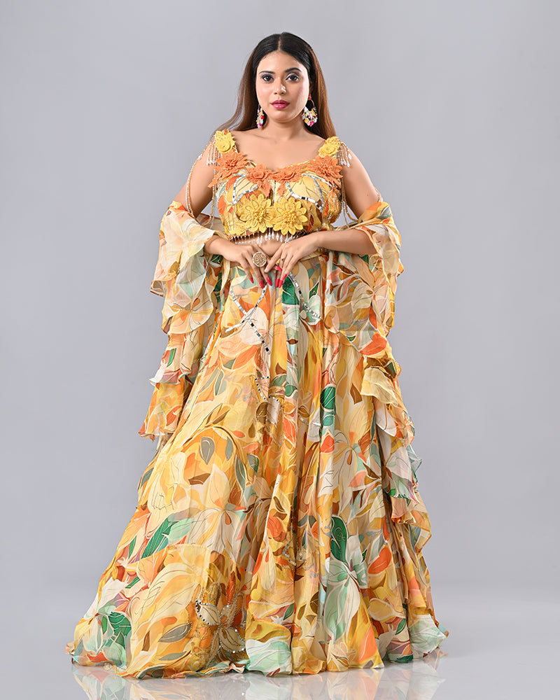 Multi-Colour Floral Embroidered Lehenga