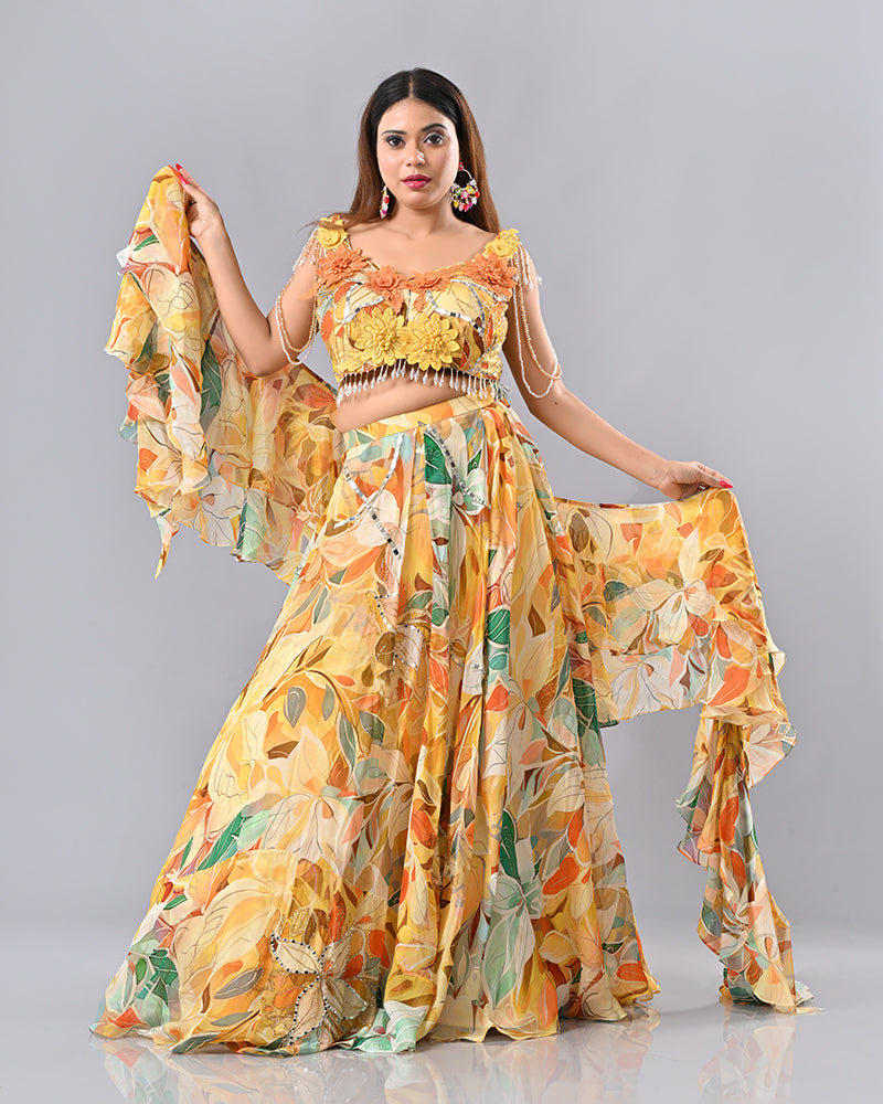 Multi-Colour Floral Embroidered Lehenga