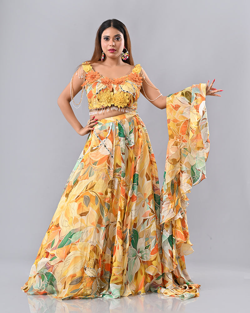 Multi-Colour Floral Embroidered Lehenga