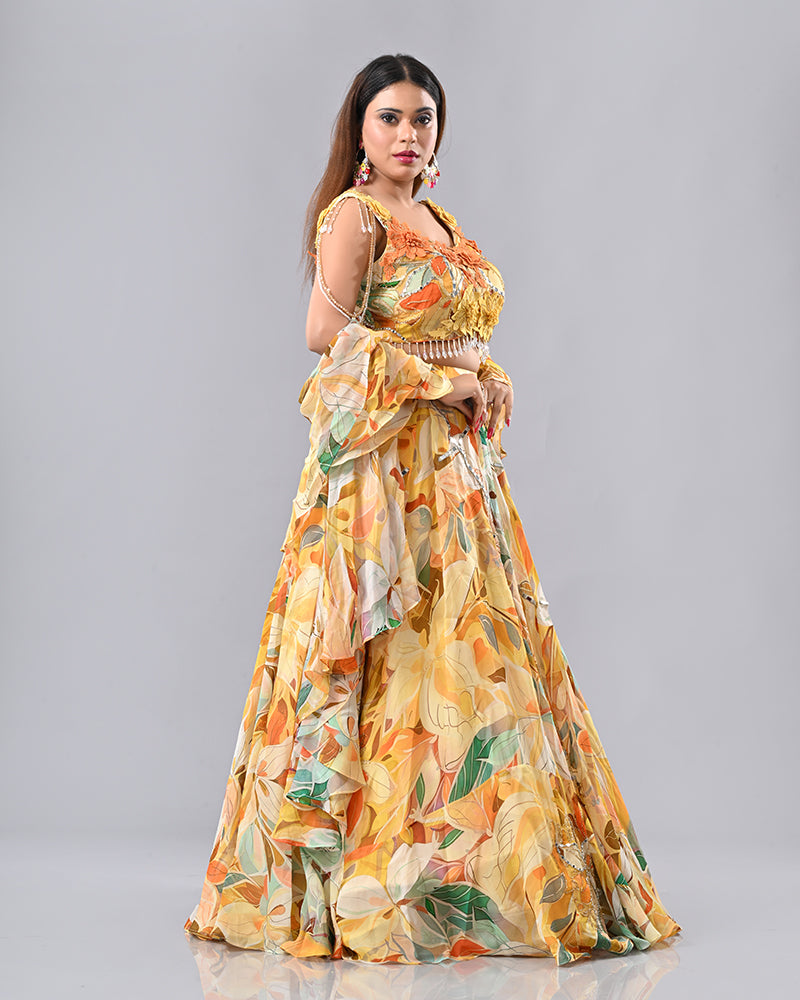 Multi-Colour Floral Embroidered Lehenga