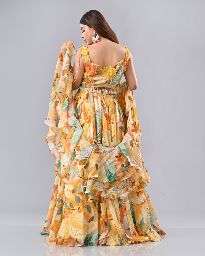 Multi-Colour Floral Embroidered Lehenga