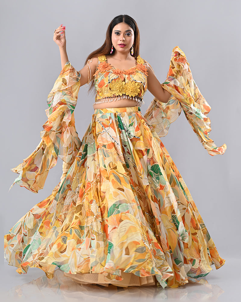 Multi-Colour Floral Embroidered Lehenga