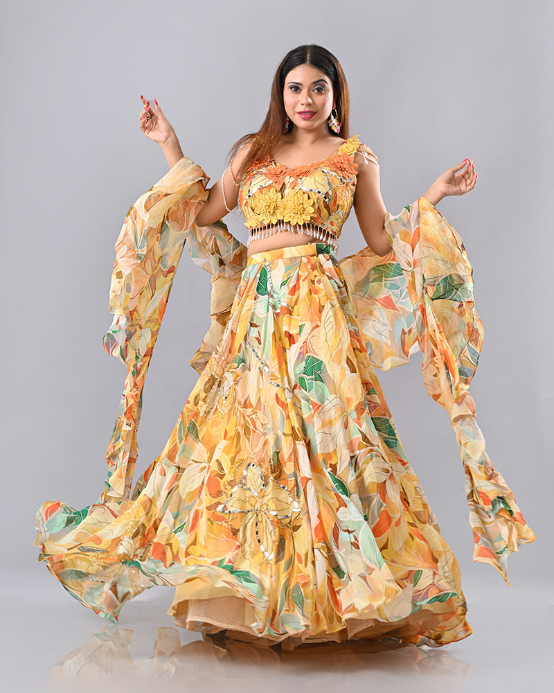 Multi-Colour Floral Embroidered Lehenga