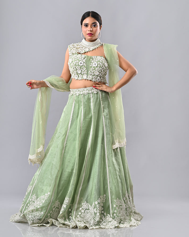 Light Green Embroidered Tassel Lehenga