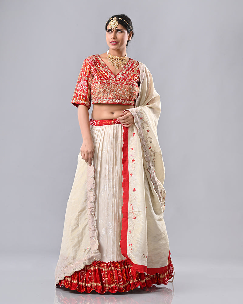 Cream & Red Gaji Silk Bhandej Lehenga