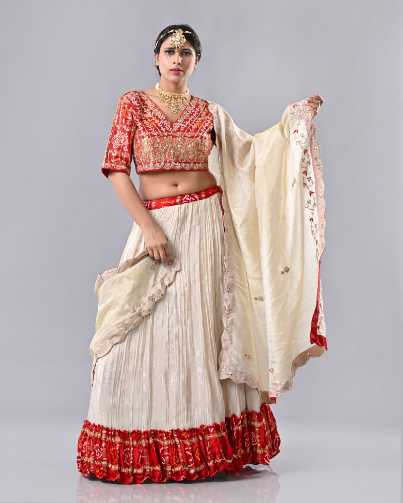 Cream & Red Gaji Silk Bhandej Lehenga