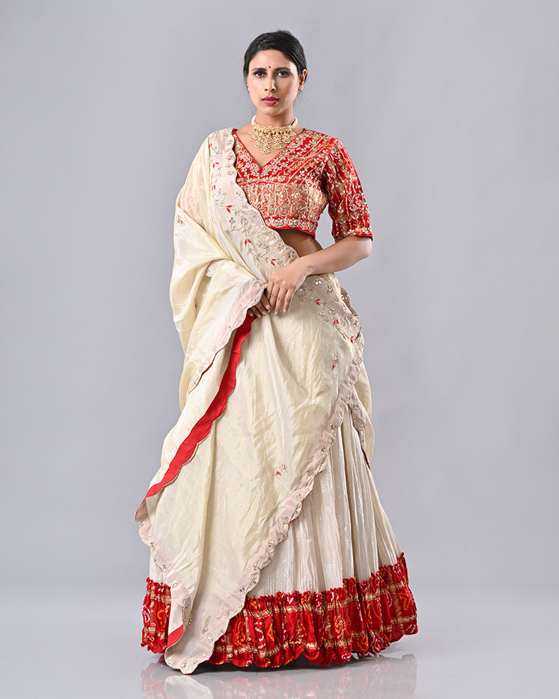 Cream & Red Gaji Silk Bhandej Lehenga