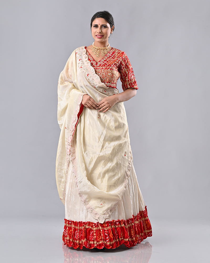 Cream & Red Gaji Silk Bhandej Lehenga
