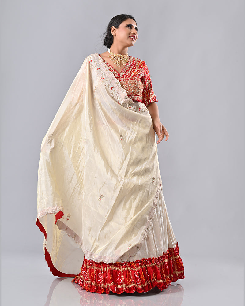 Cream & Red Gaji Silk Bhandej Lehenga