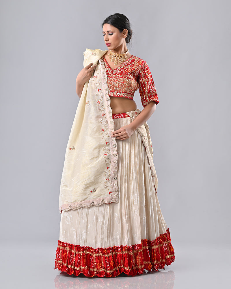 Cream & Red Gaji Silk Bhandej Lehenga