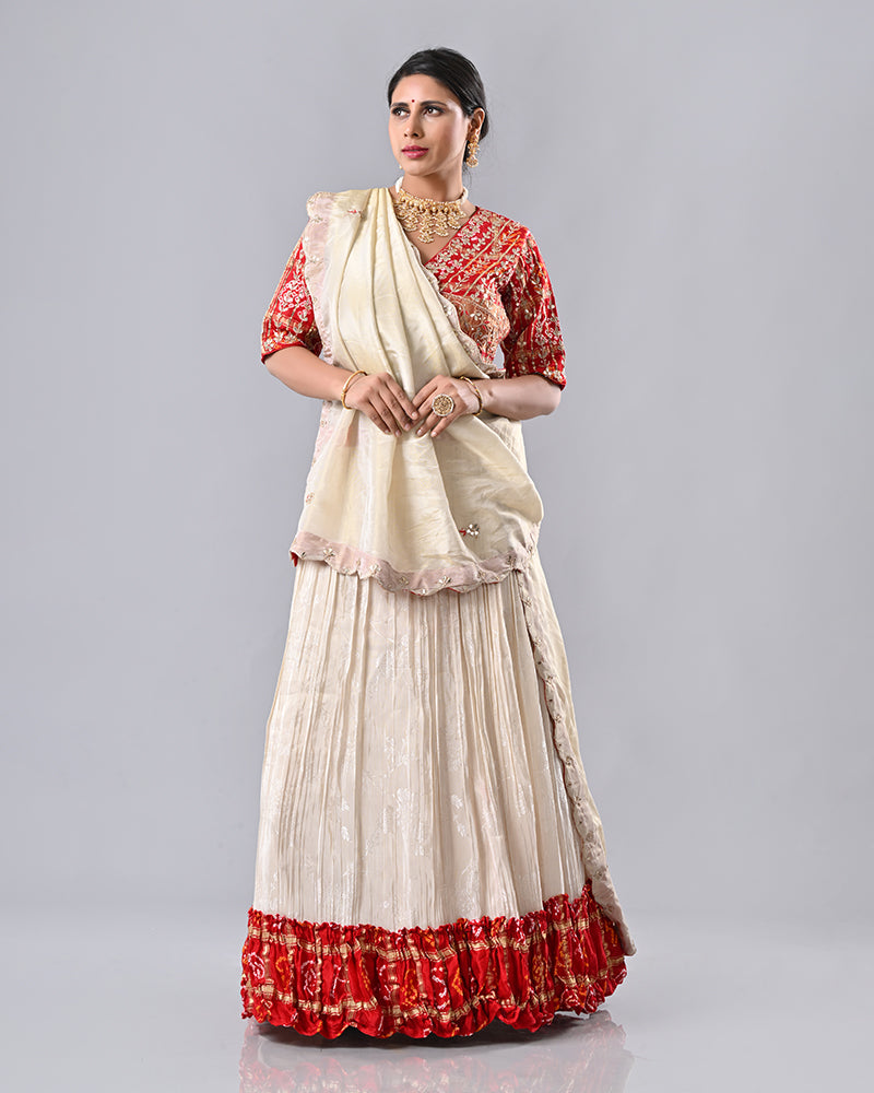 Cream & Red Gaji Silk Bhandej Lehenga
