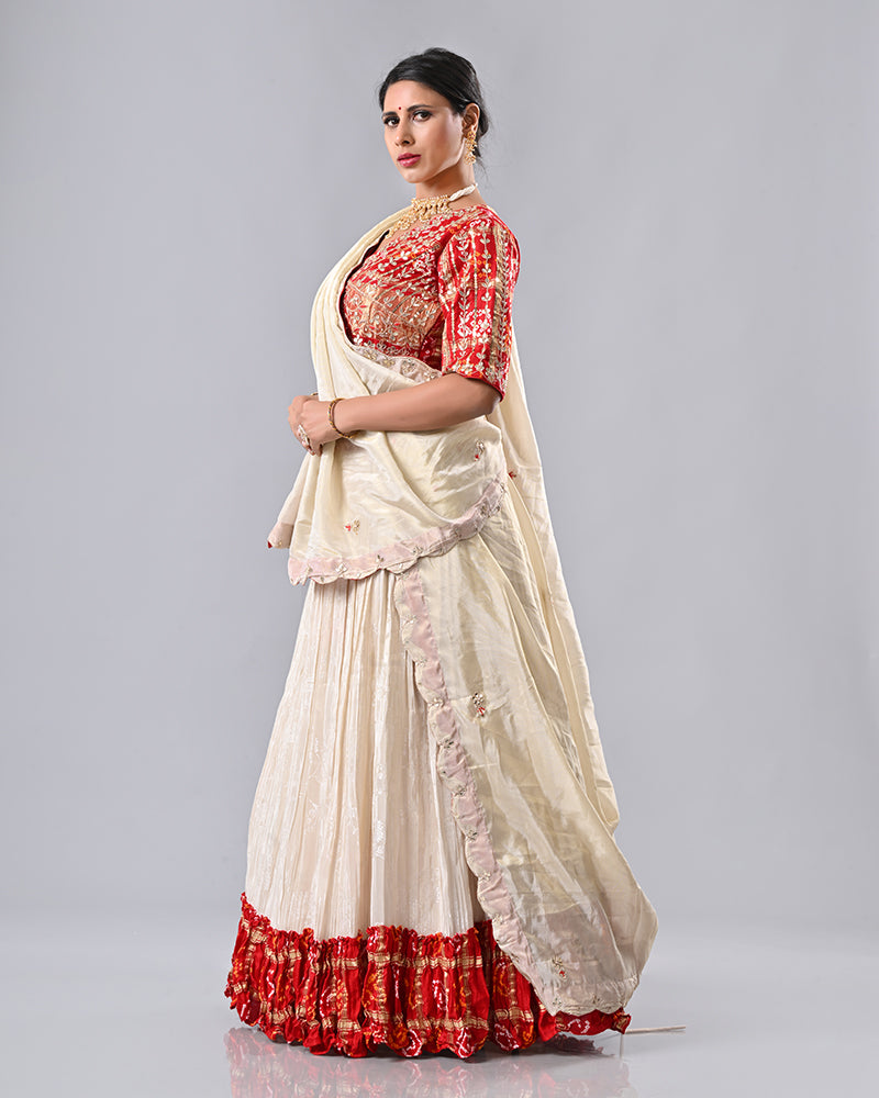 Cream & Red Gaji Silk Bhandej Lehenga