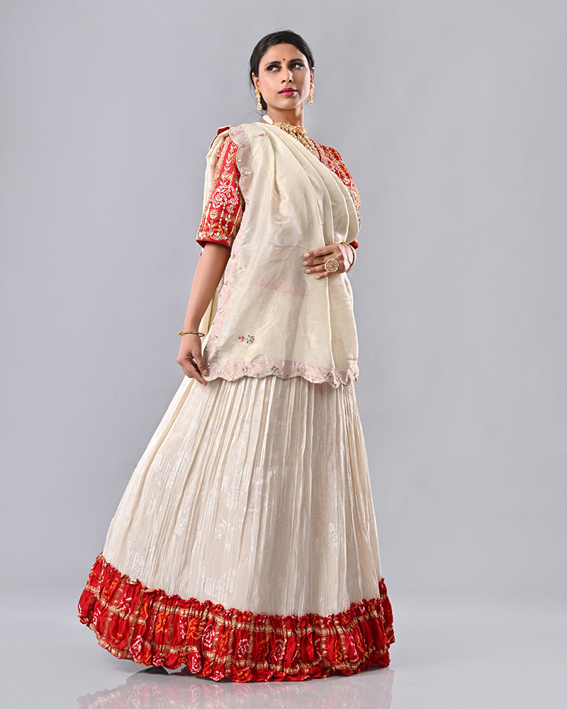 Cream & Red Gaji Silk Bhandej Lehenga