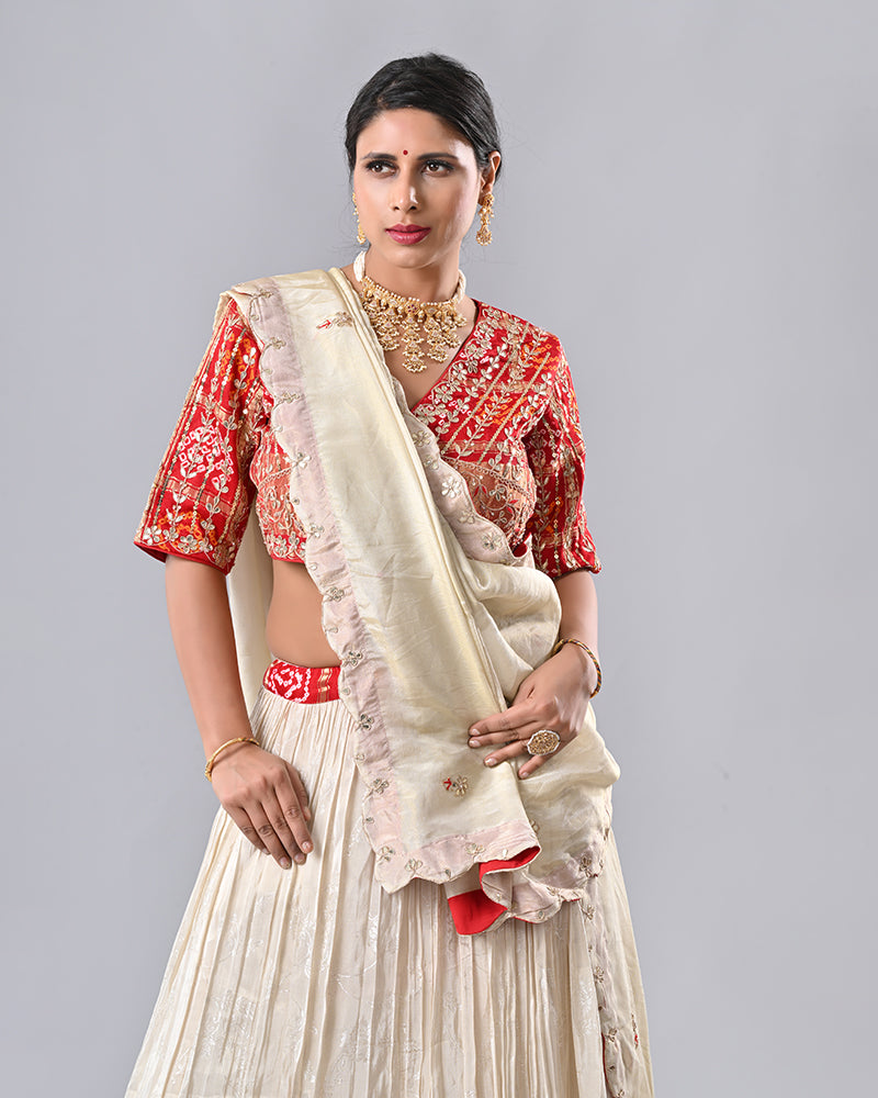 Cream & Red Gaji Silk Bhandej Lehenga