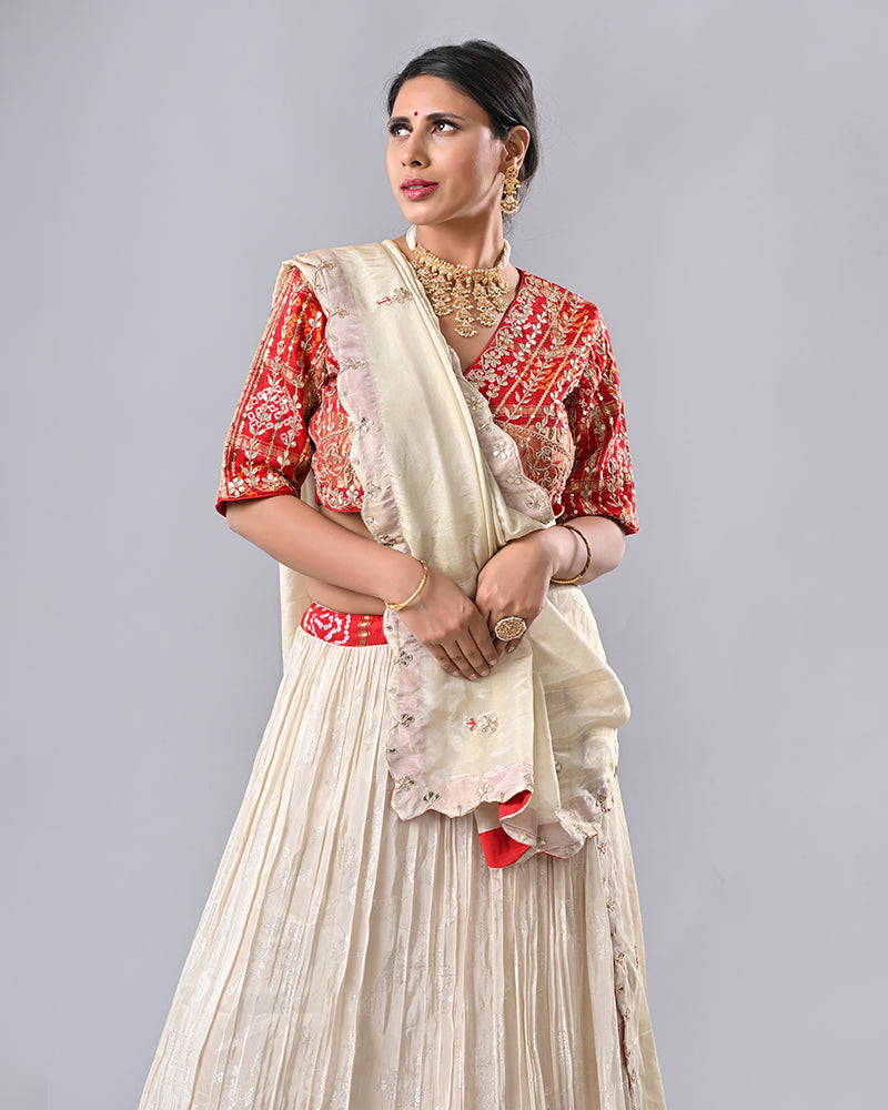 Cream & Red Gaji Silk Bhandej Lehenga