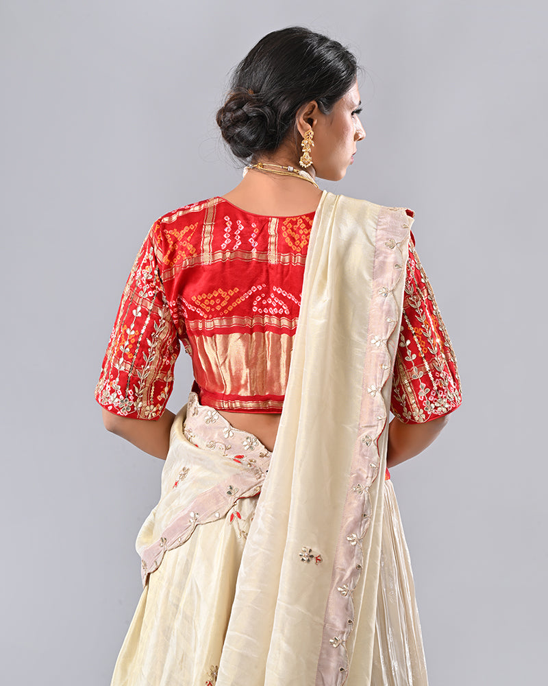 Cream & Red Gaji Silk Bhandej Lehenga