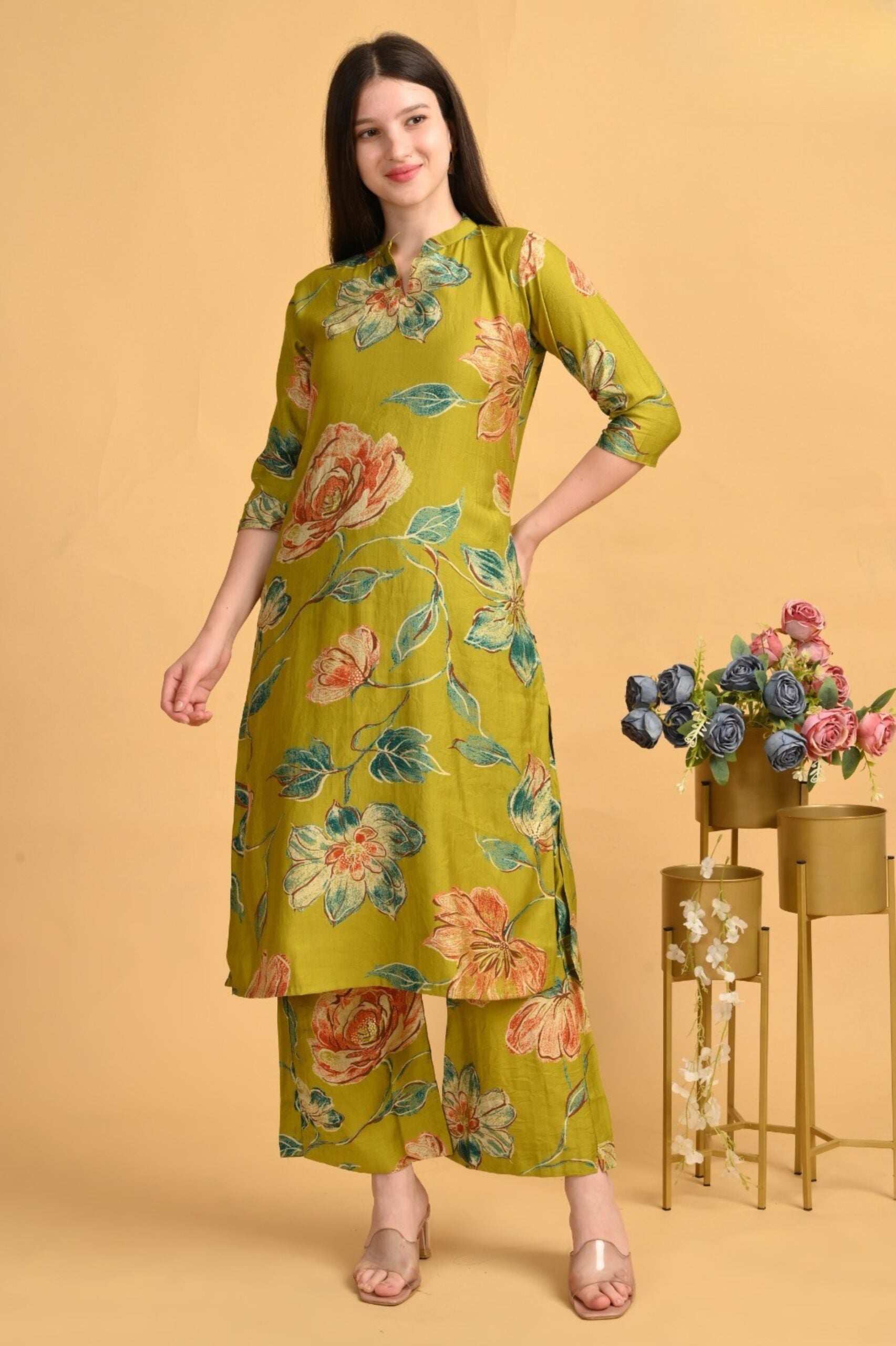 Olive Green Floral Coord Set – Heavy Vatican Gold Dyed Fabric