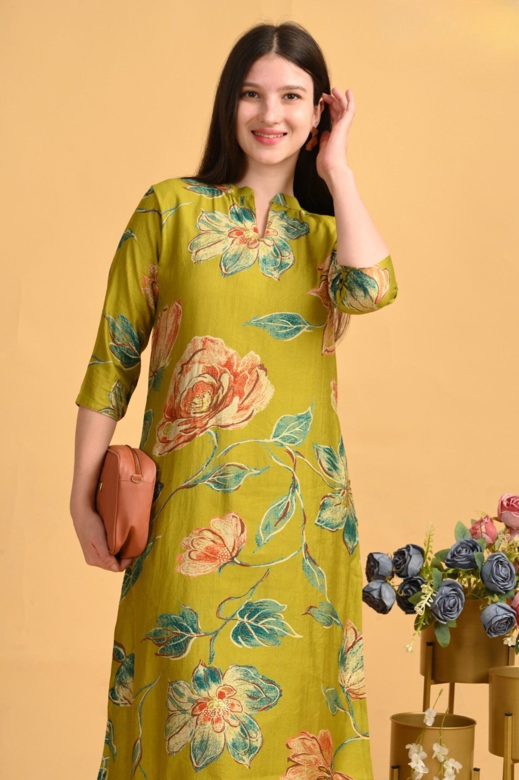 Olive Green Floral Coord Set – Heavy Vatican Gold Dyed Fabric
